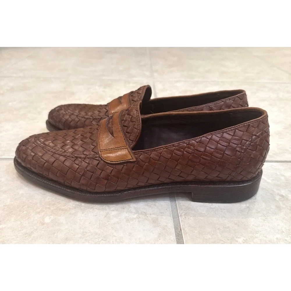 Allen‎ Edmonds Leather Woven Penny Loafers Brown Shoes 9D Career Basket Weave